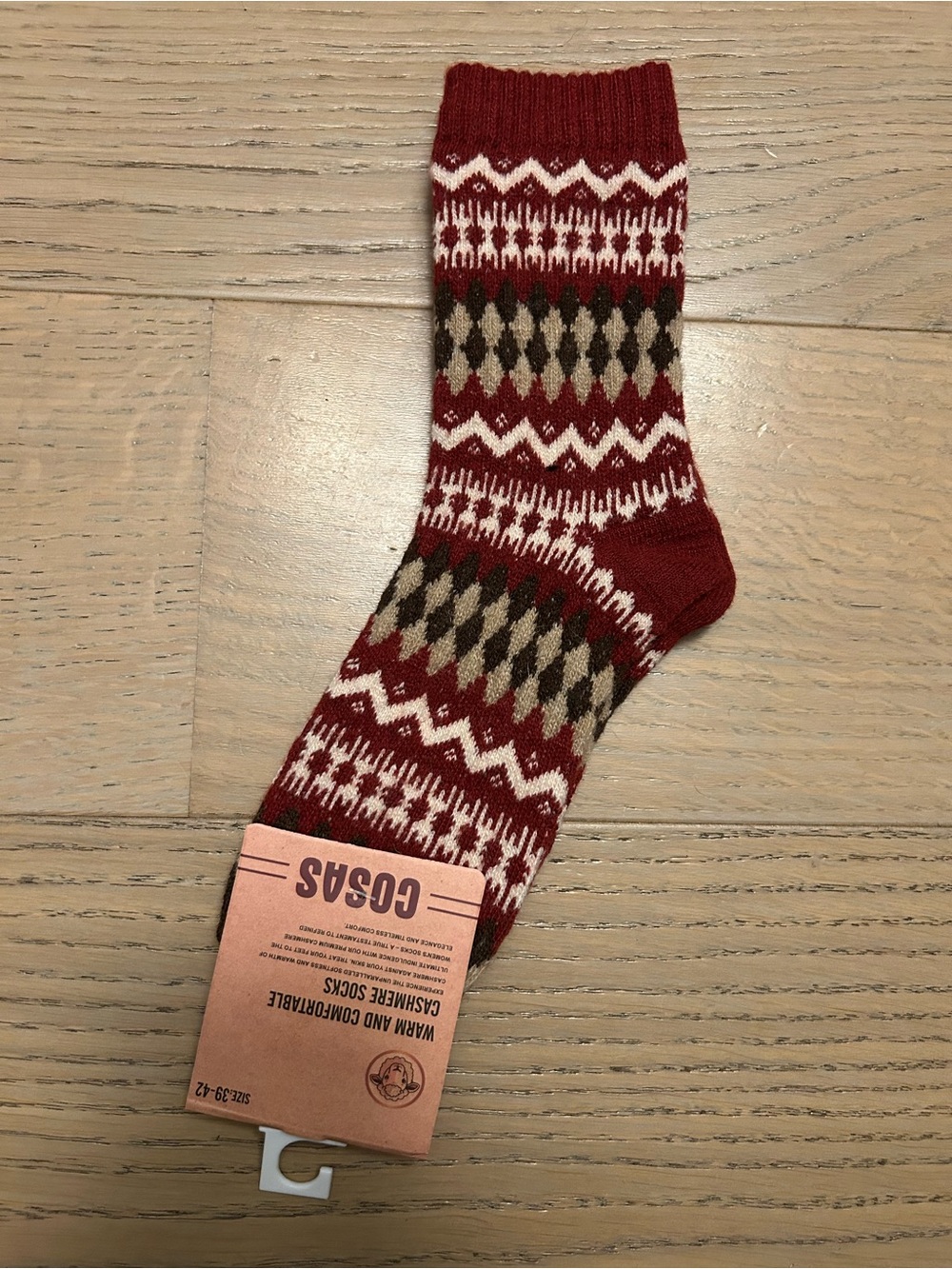 Cashmere Blend Womens Red Patterned Cozy Socks Size 39-42